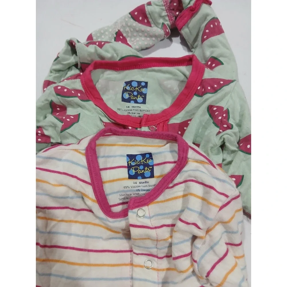 Lot of 3 KicKee Pants Sleepers Size 3-6 Months Bamboo Stripes Watermelon Snaps